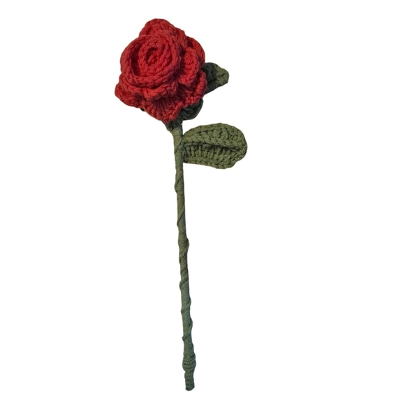 Hand Crafted Soft Red Crochet Rose Faux Floral Shelf Decor Hand Knit Crochet Art - Picture 3 of 17